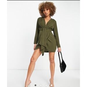 ASOS DESIGN Mini Dress Womens 2 Olive Green New V-Neck Tie Waist Long Sleeve